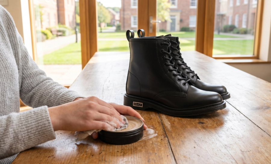 Boots being cleaned with saddle soap