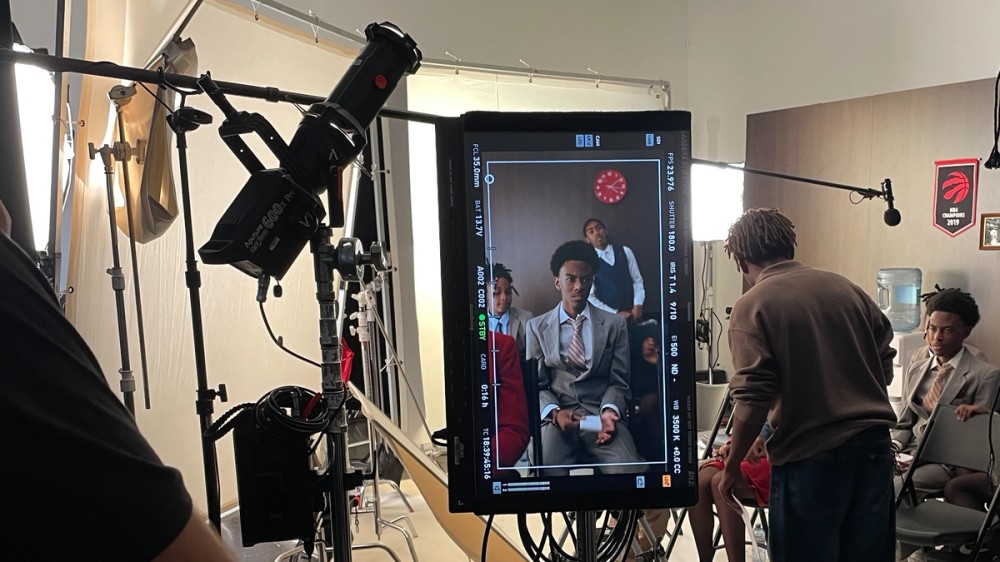 A vertical monitor on set while shooting the kid journalists