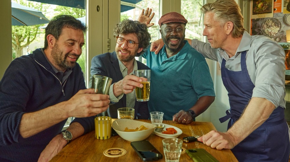 The four guys hanging out at Danny's Work. Left to right: Jeroen Spitzenberger (Mike), Benja Bruijning (Ivo), André Dongelmans (Greg), Waldemar Torenstra (Danny)