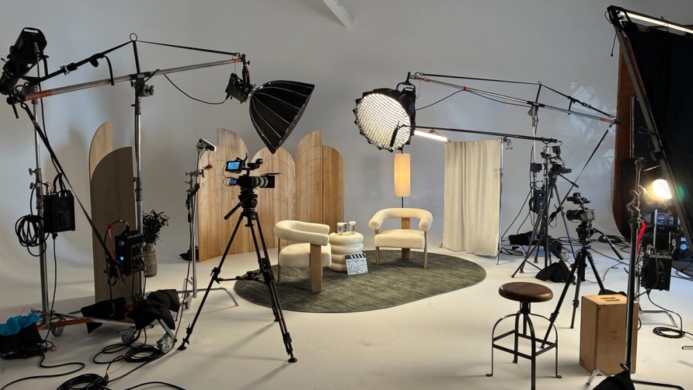 The complete production setup on a cyclorama with dressing