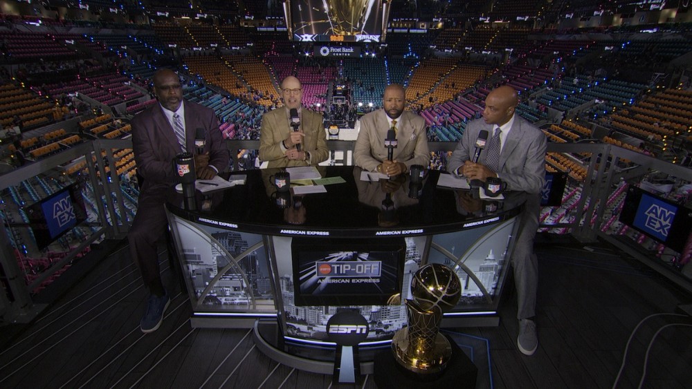 Shaquille O’Neal, Ernie Johnson, Kenny Smith, and Charles Barkley during a broadcast