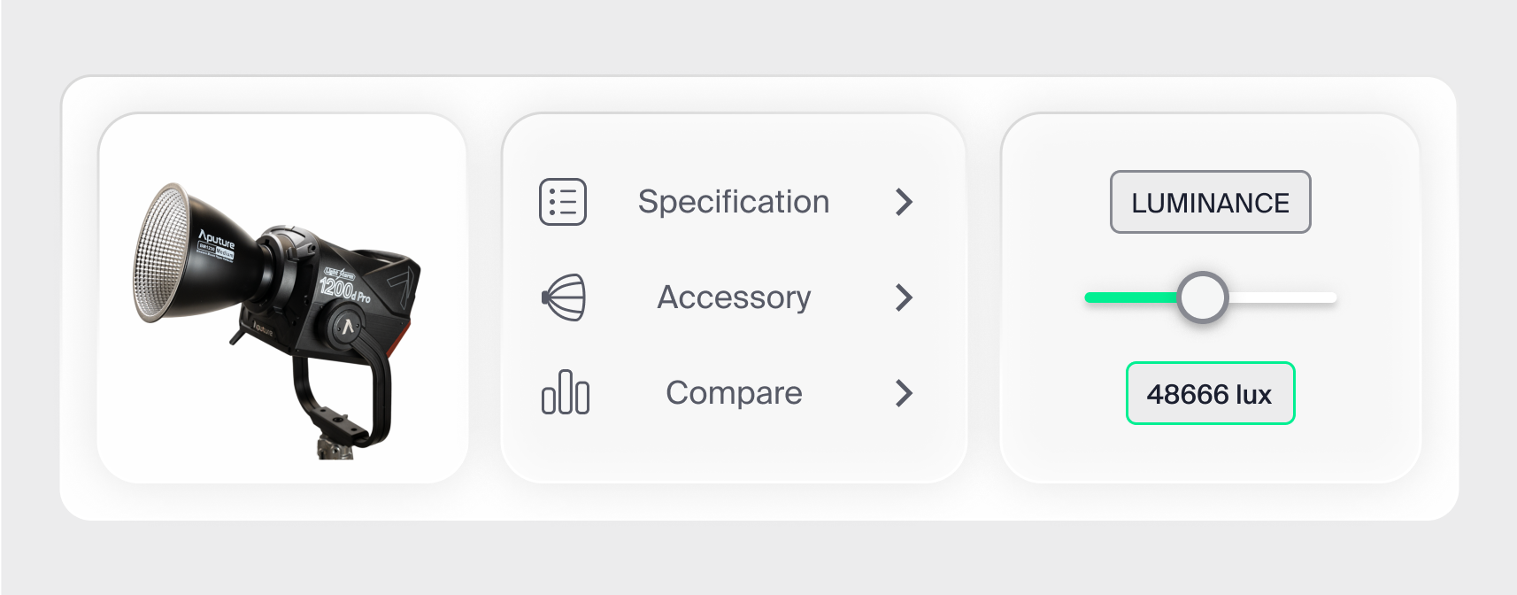 A user interface with an Aputure lamp, a list that reads "specification, accessory, compare", and a luminance slider