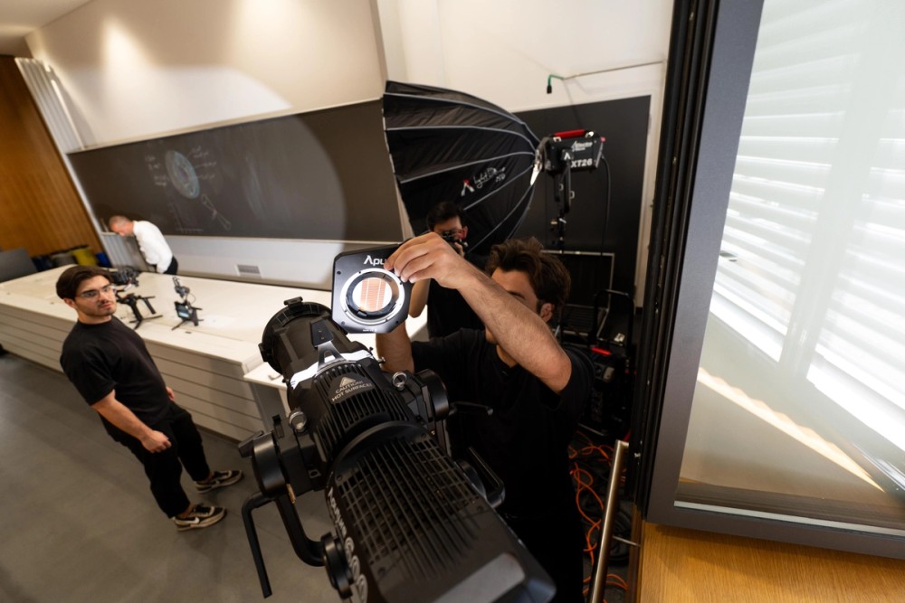 The team prepares a gobo while the XT26 provides simulated daylight