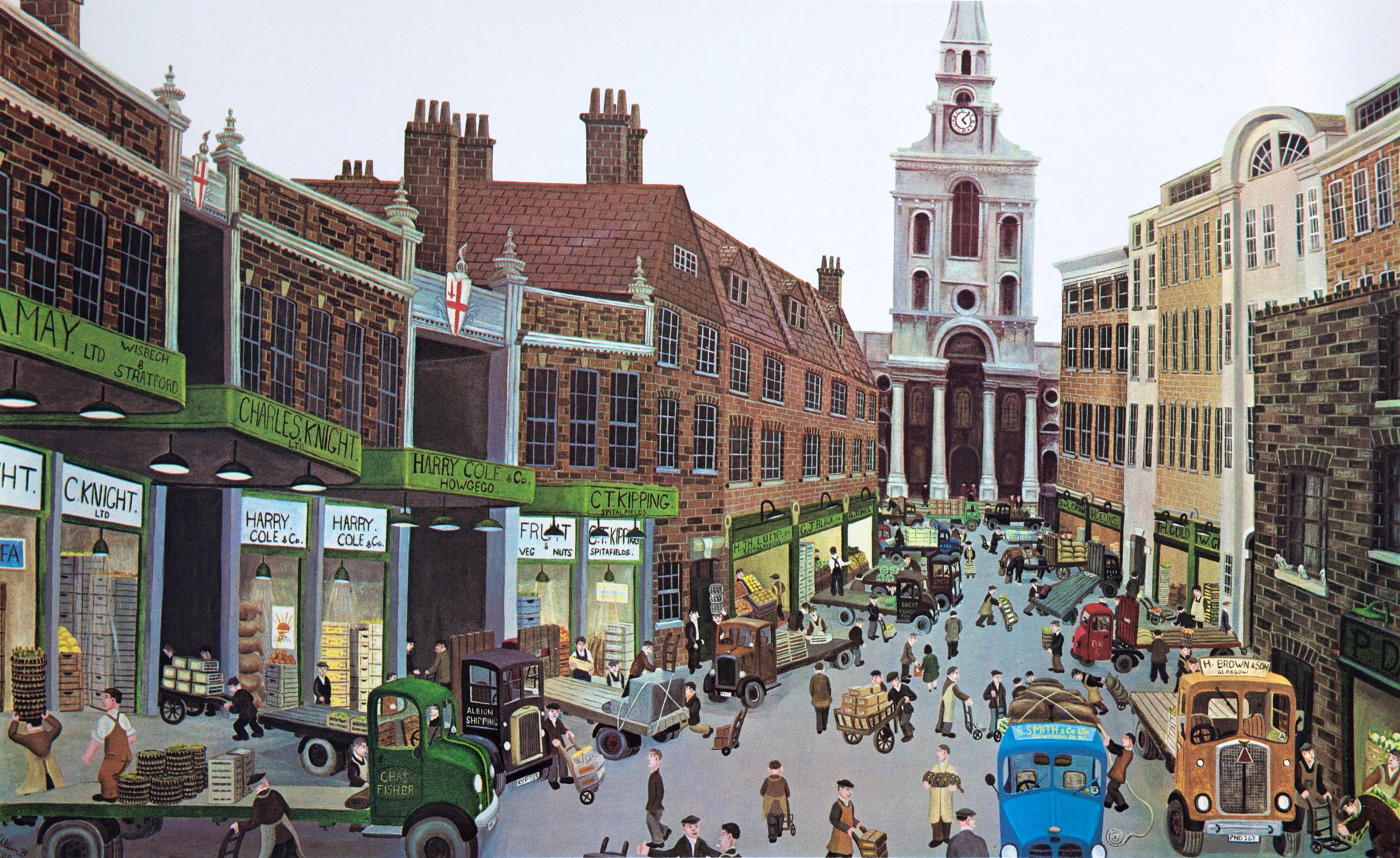 An illustration of a busy street scene, lot of menu unloading goods and produce from flat bed trucks into shops
