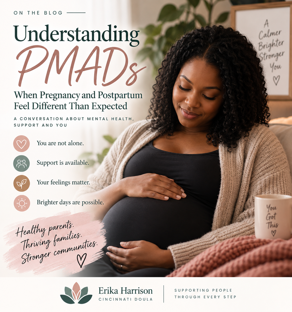 Pregnant Black woman resting peacefully at home with information about understanding Perinatal Mood and Anxiety Disorders (PMADs) and finding support.
