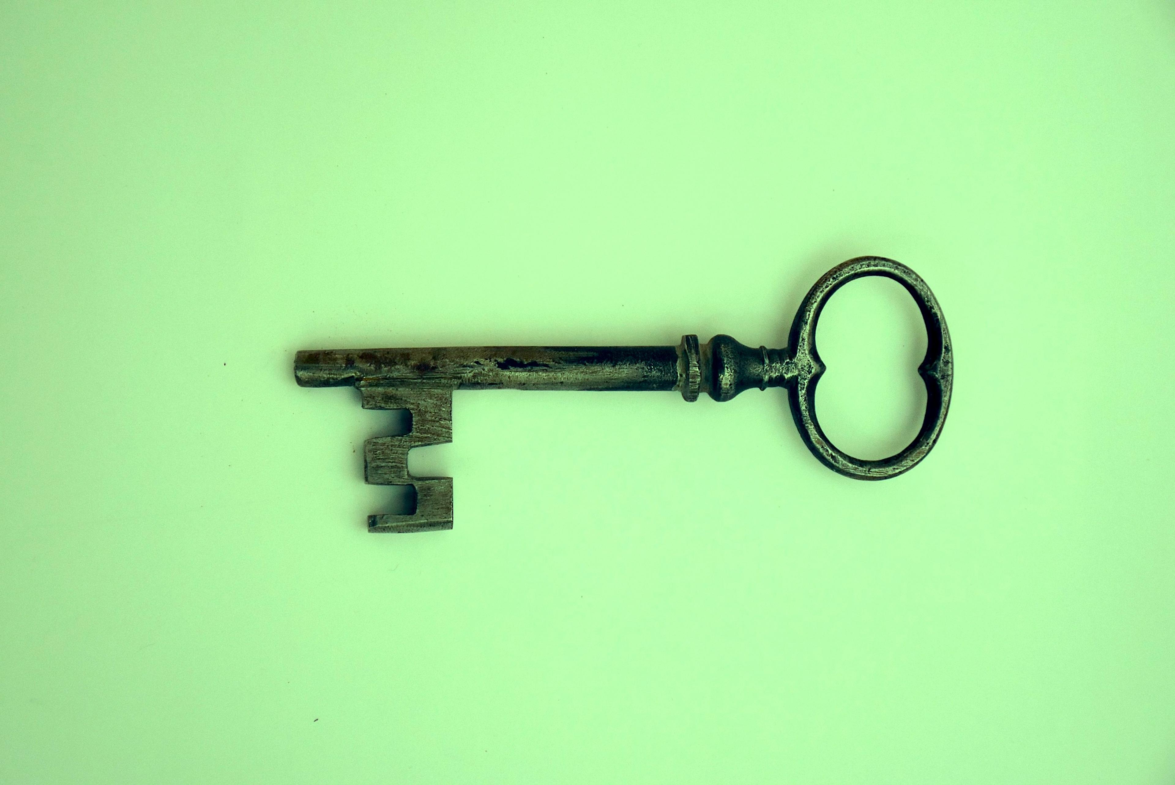 An old key on a green background