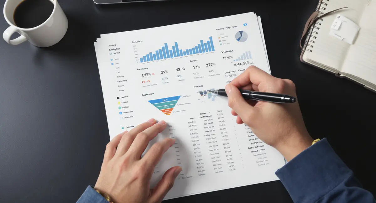 Hands annotating a printed analytics dashboard with performance metrics and conversion funnels highlighted - Strategyc