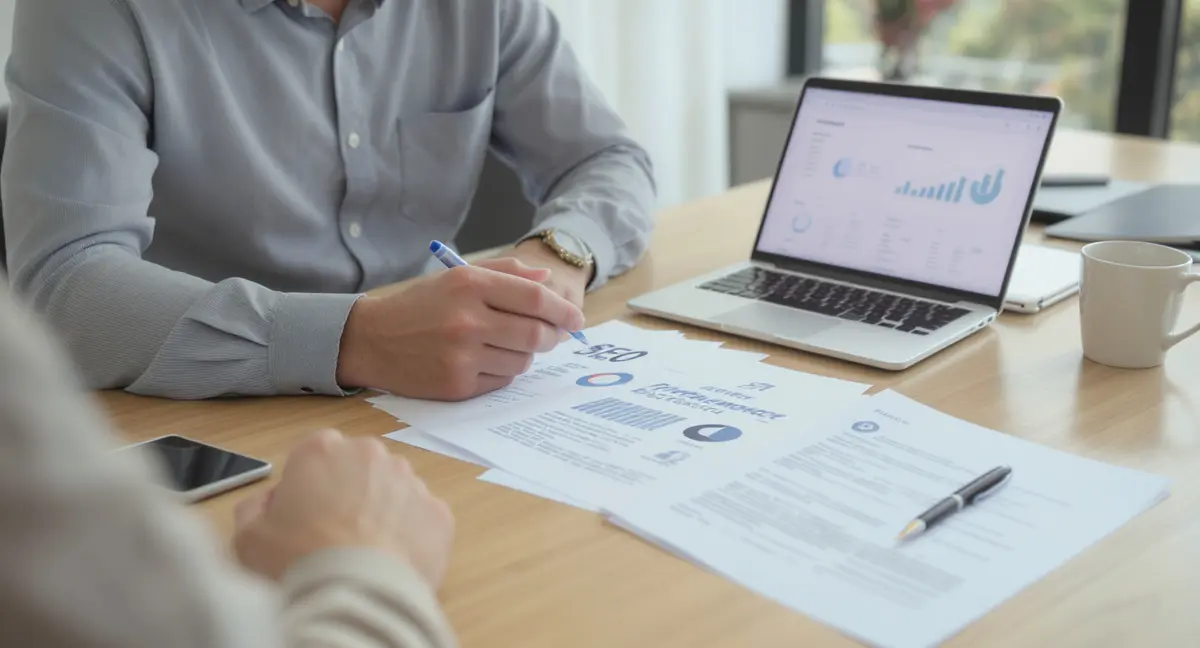 Small business owner reviewing SEO agency contract and performance report at consultation table with - Strategyc