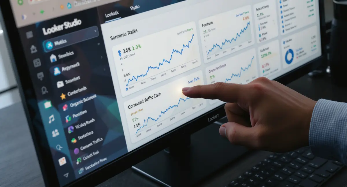 Close-up of a Looker Studio dashboard displayed on a monitor screen with hand pointing at a multi-metric - Strategyc