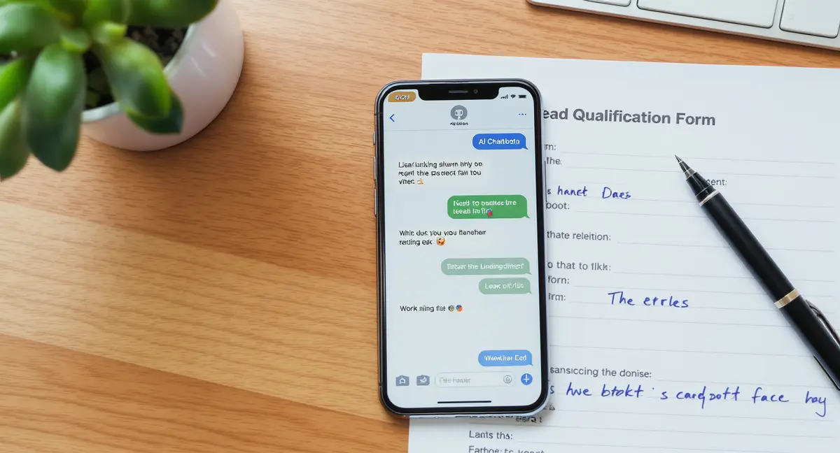 Smartphone displaying AI chatbot interface next to a printed landscaping lead form and pen on wooden desk - Strategyc