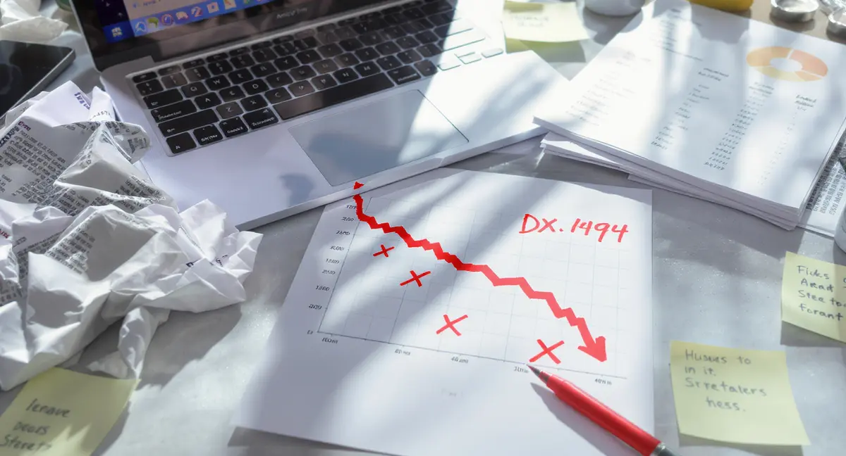 Printed analytics dashboard with declining line chart annotated in red pen beside laptop showing AI - Strategyc