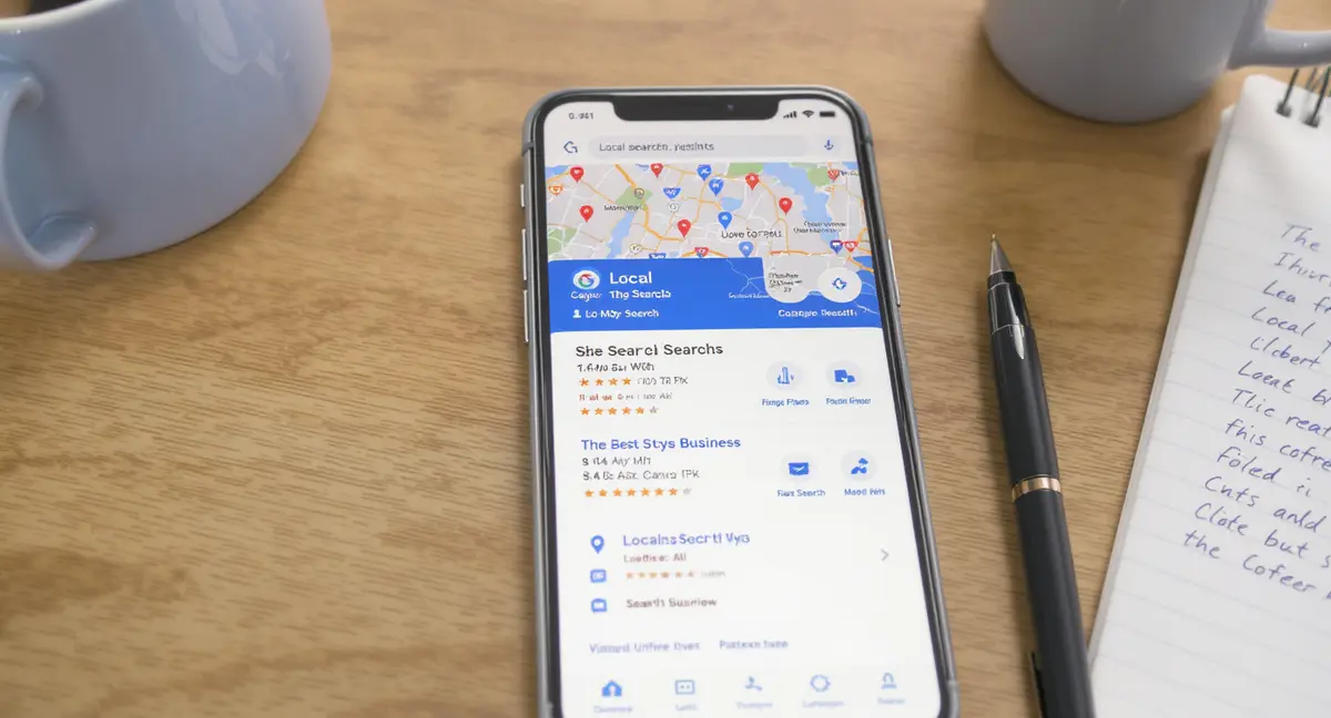 Smartphone screen displaying Google local search results with business listings and map pins - Strategyc
