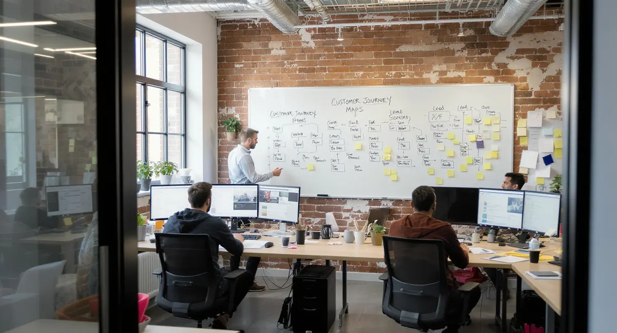 Modern marketing agency office with team members at workstations, whiteboards displaying customer journey - Strategyc