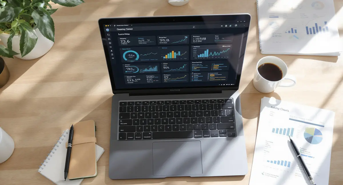Laptop screen displaying analytics dashboard with SEO metrics and search ranking data visible - Strategyc
