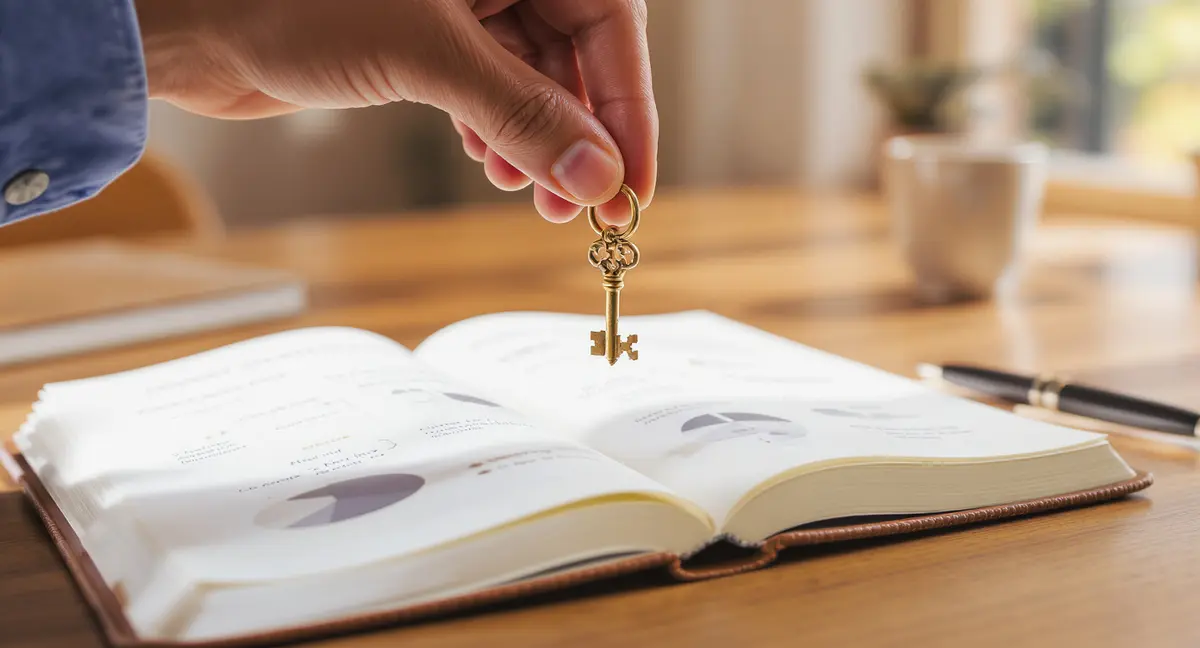 A hand holding a small brass key positioned over an open leather-bound content strategy framework - Strategyc