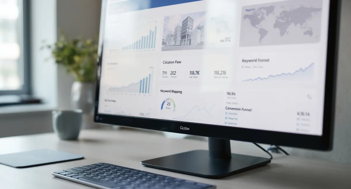Close-up of a computer monitor displaying real estate investor SEO dashboard with AI Overview citation - Strategyc