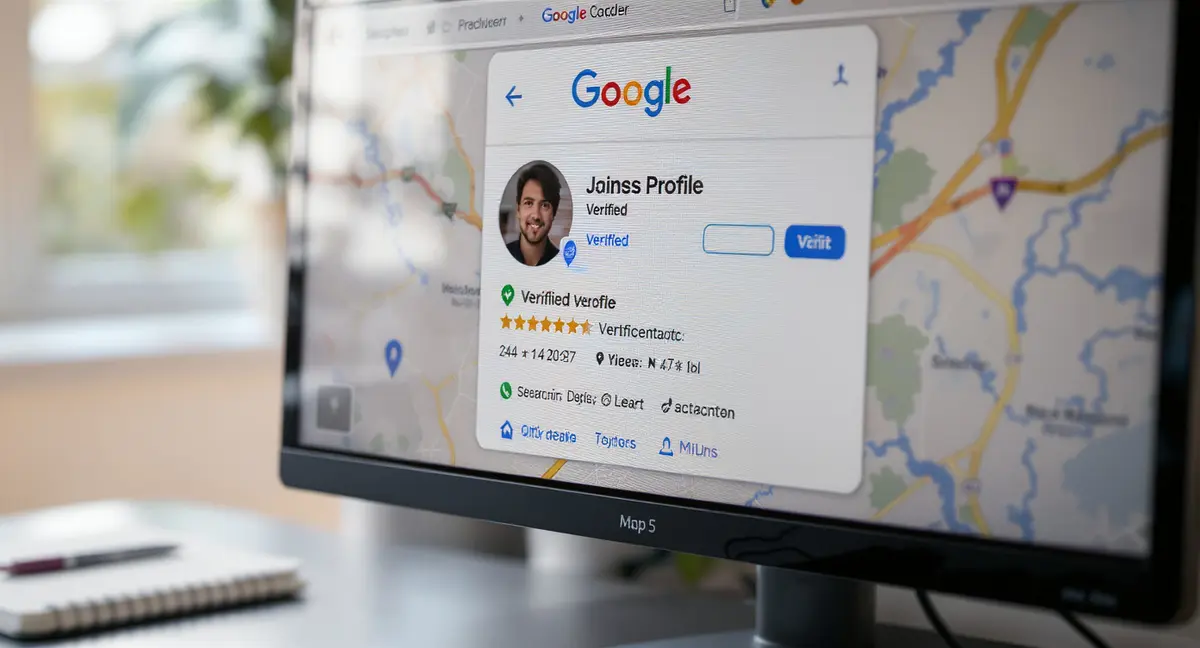 Close-up of a Google Maps search result on a desktop monitor, showing business profile card with verified - Strategyc