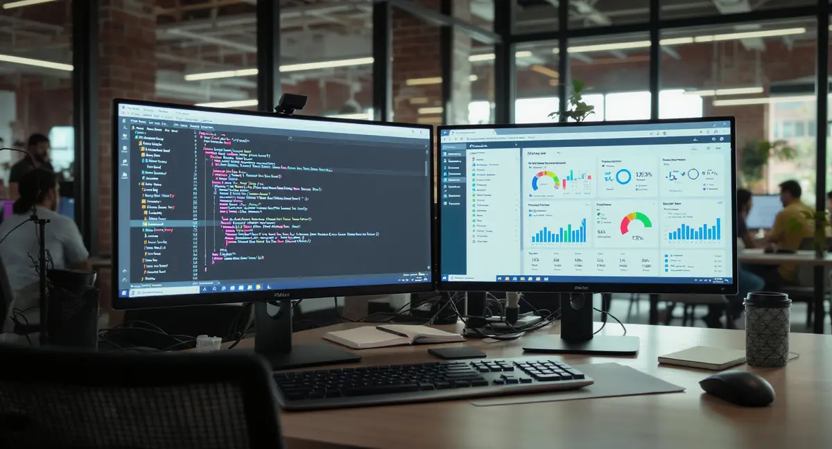 Interior of a modern tech startup office with dual-monitor workstation displaying JSON-LD schema markup - Strategyc
