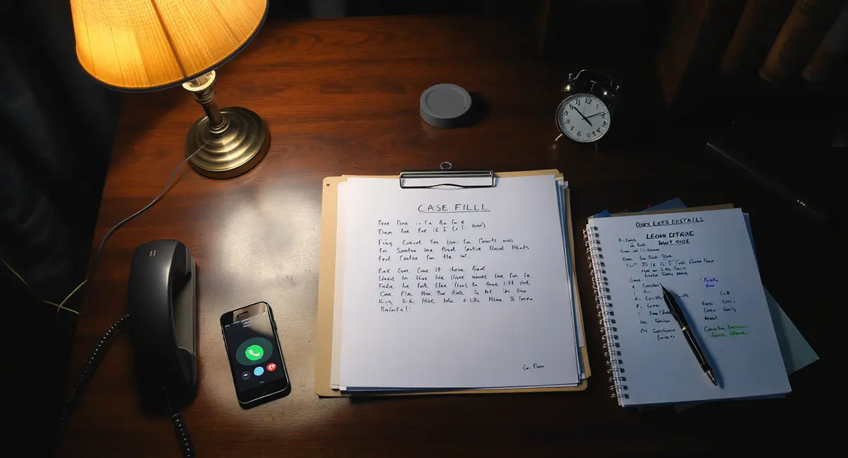Criminal defense attorney's desk with phone, case files, and urgent intake notes during late-night - Strategyc