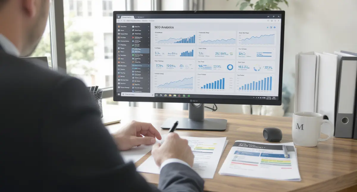 Lawyer reviewing SEO analytics dashboard on monitor while annotating strategy notes on printed report at - Strategyc