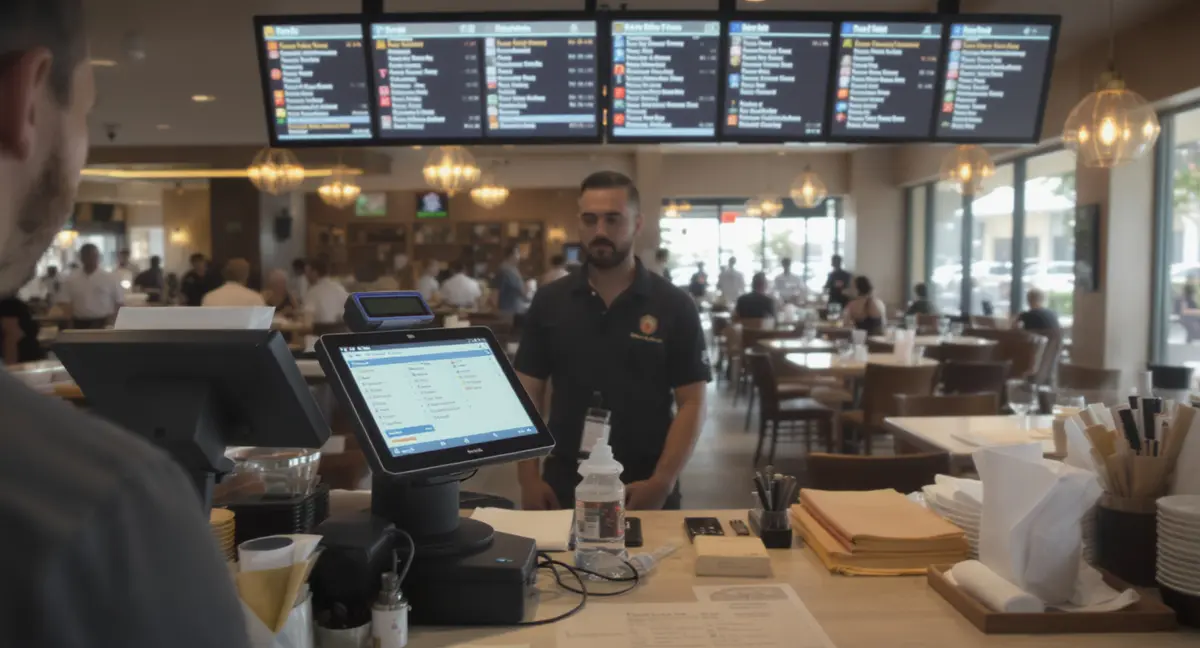 Interior of a busy restaurant dining room during service with visible POS terminal at host stand and - Strategyc