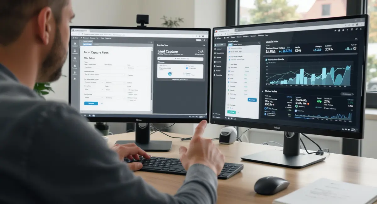 Digital marketer at desk pointing at dual-monitor setup displaying lead capture form builder and - Strategyc