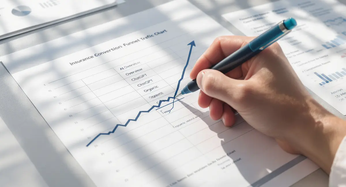 Hand drawing an upward trend line across a printed insurance conversion funnel chart with AI traffic - Strategyc