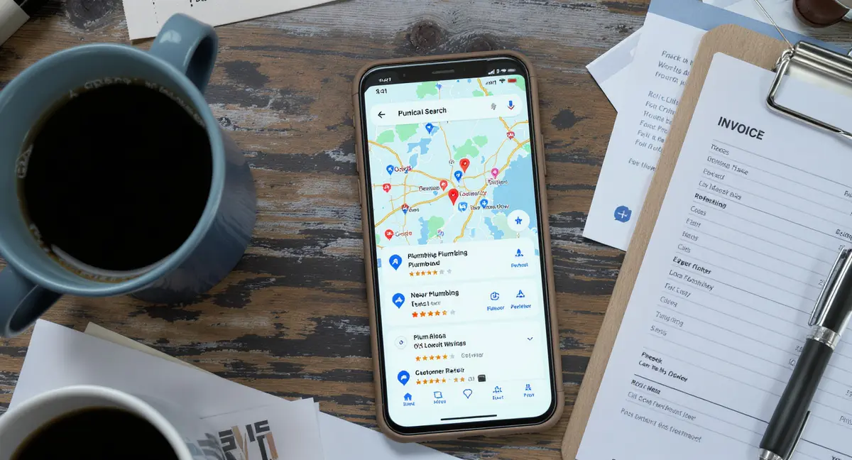 Plumber's phone displaying Google Maps local search results with service area highlighted and customer - Strategyc