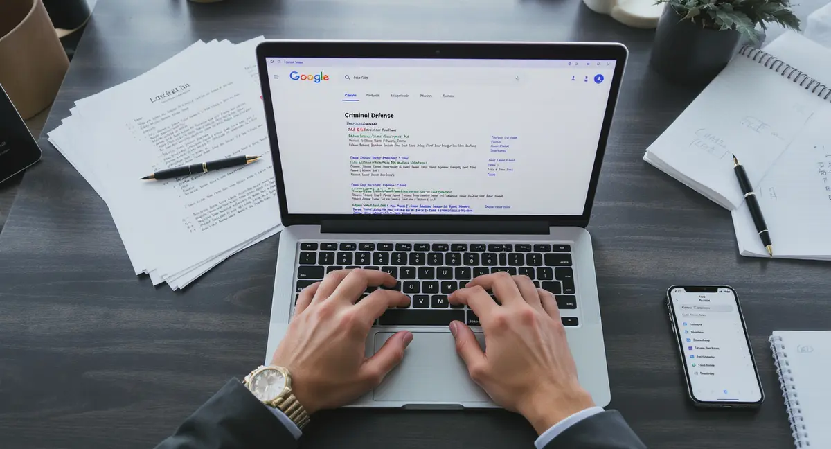 Hands typing on laptop keyboard with search results and legal documents visible on screen - Strategyc