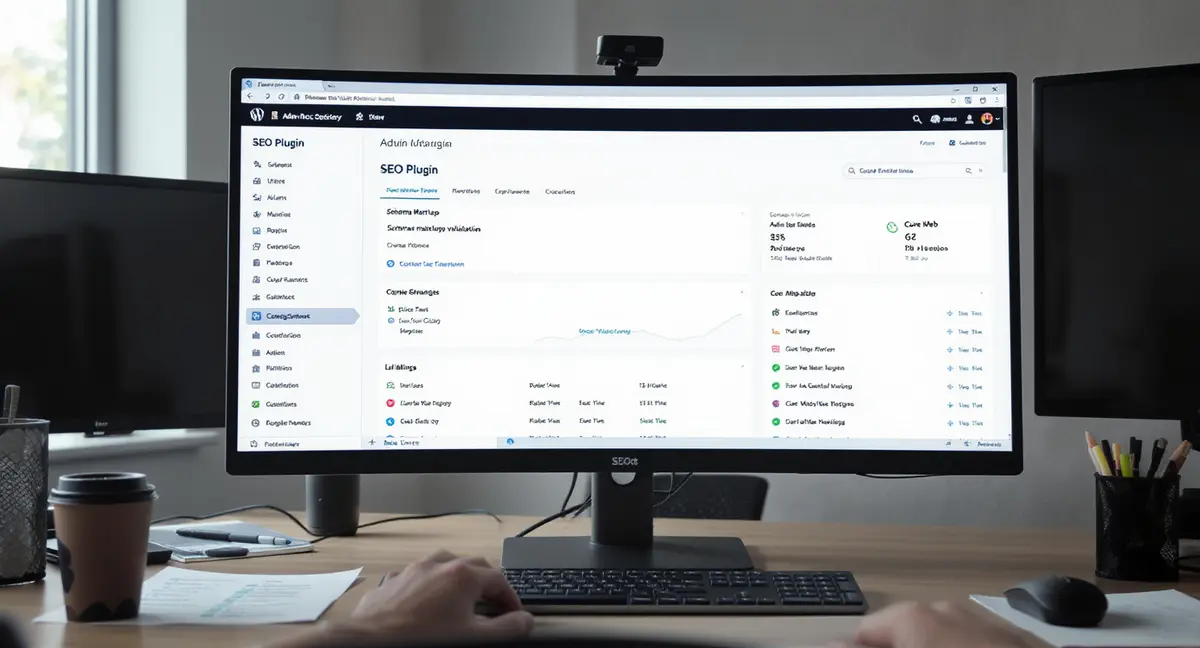 WordPress admin dashboard on a desktop monitor displaying SEO plugin settings, schema markup validation, - Strategyc