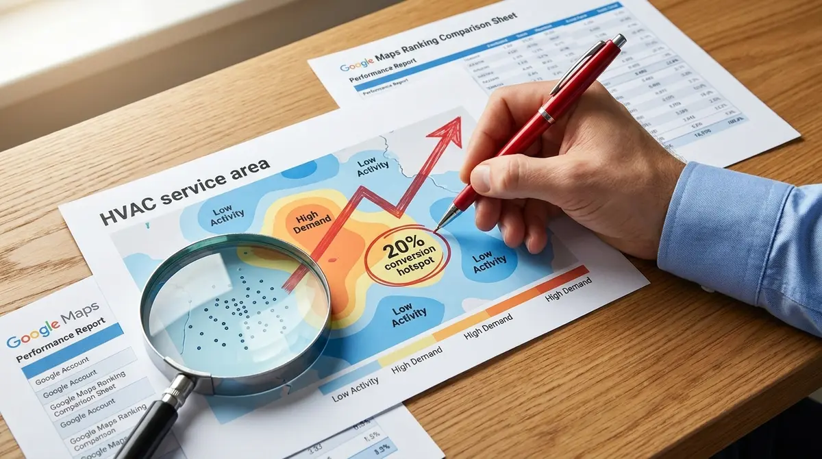 Close-up of a printed HVAC service area heatmap with hand drawing trend arrows and conversion rate - Strategyc
