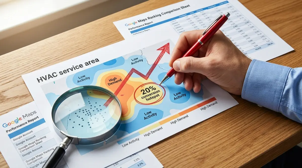 Close-up of a printed HVAC service area heatmap with hand drawing trend arrows and conversion rate - Strategyc