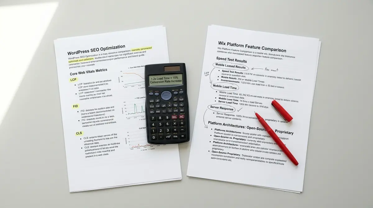 Overhead flat-lay of WordPress and Wix platform comparison documents with performance metrics, site speed - Strategyc
