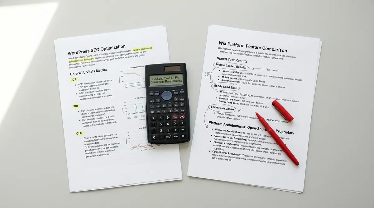 Overhead flat-lay of WordPress and Wix platform comparison documents with performance metrics, site speed - Strategyc