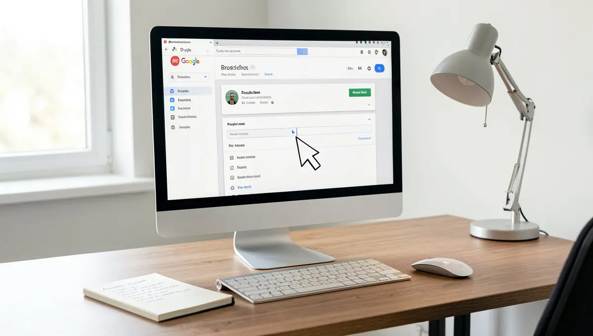 Google Business Profile settings page open on desktop monitor in a small business office, with cursor - Strategyc