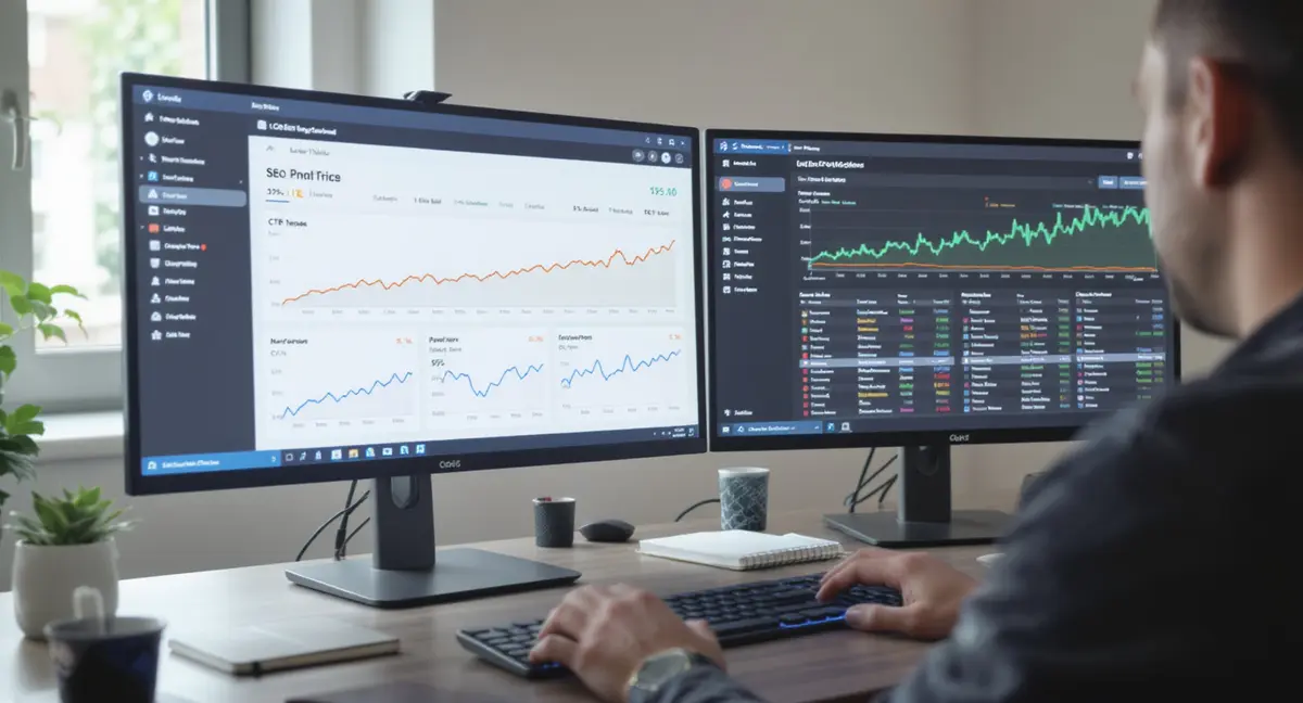Dual-monitor analyst workstation displaying live SEO metrics dashboard with line charts, CTR trends, and - Strategyc