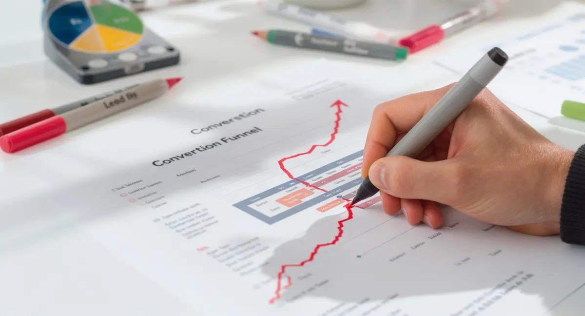 Hand drawing an upward-trending conversion funnel curve on a printed analytics report with colored markers - Strategyc