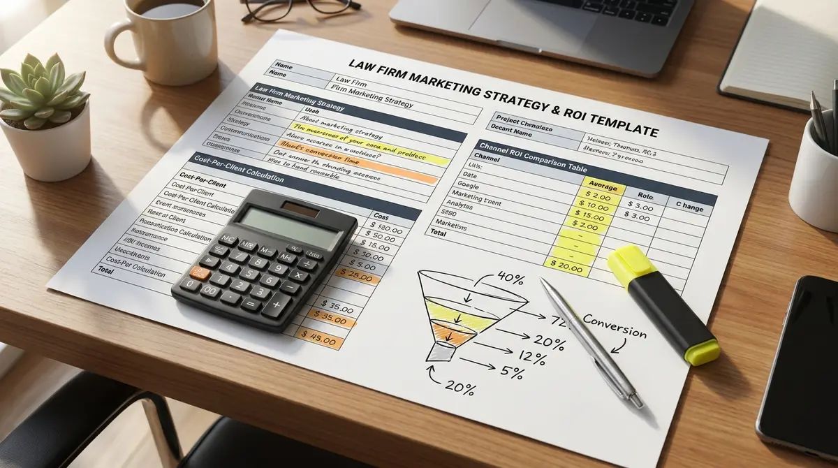 Law firm marketing strategy template worksheet with cost-per-client calculation, channel ROI comparison - Strategyc