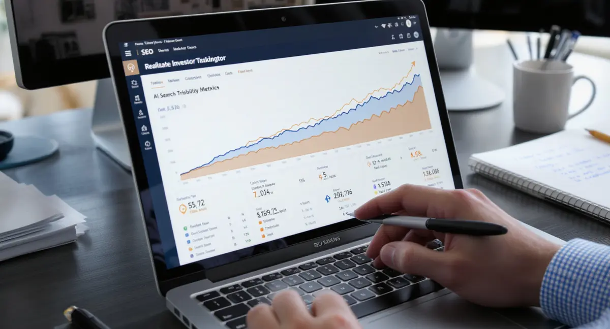 Close-up of a laptop screen displaying real estate investor SEO ranking dashboard with organic traffic - Strategyc