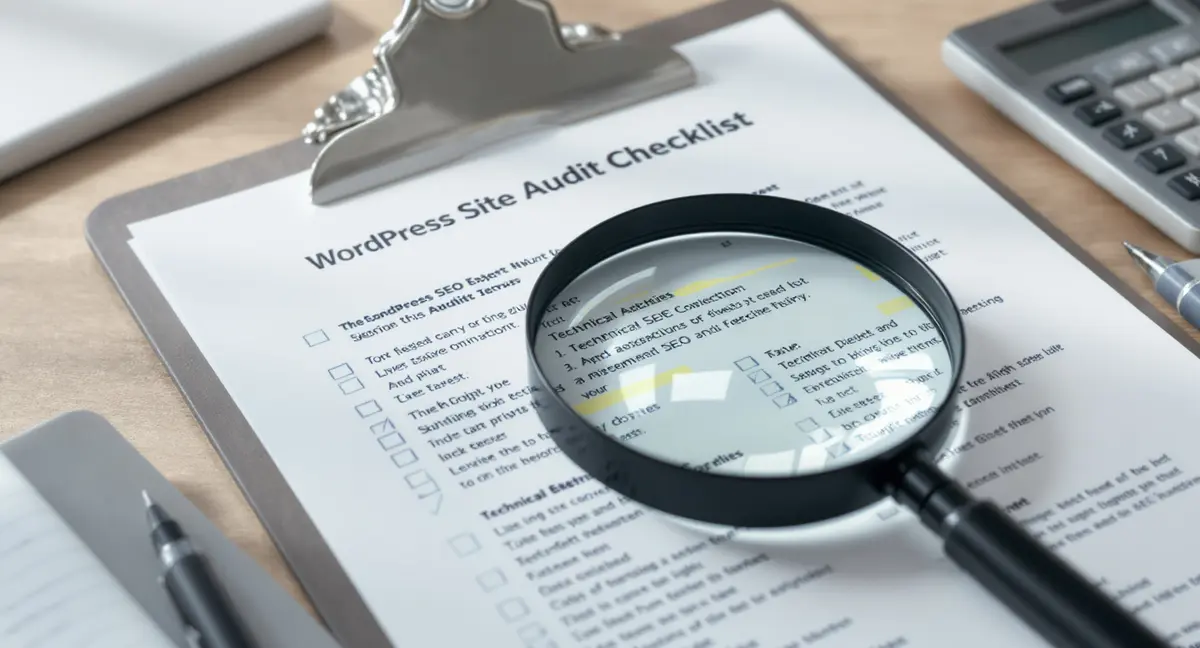 WordPress site audit checklist printed on clipboard with magnifying glass positioned over technical SEO - Strategyc