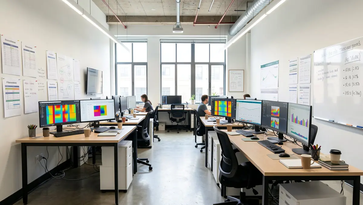 A/B testing lab or conversion optimization agency workspace with multiple monitor setups displaying live - Strategyc