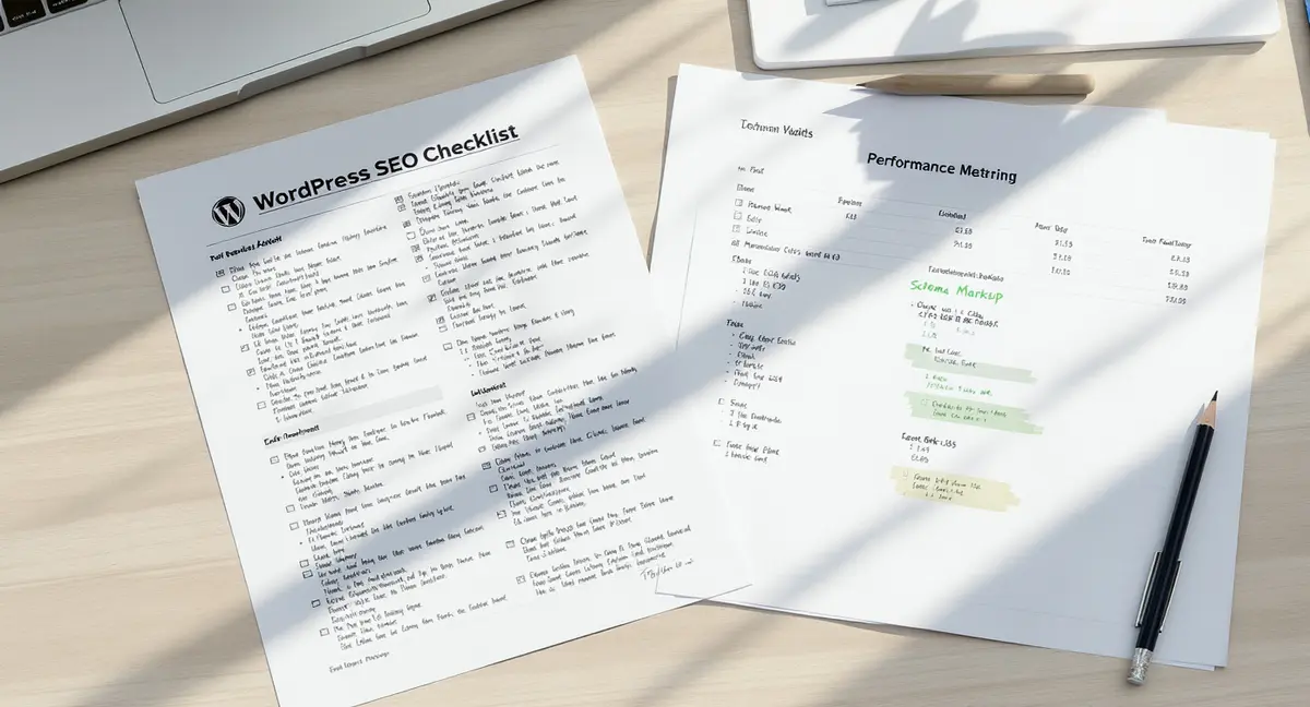 WordPress SEO checklist printout with technical audit notes, performance metrics spreadsheet, and schema - Strategyc