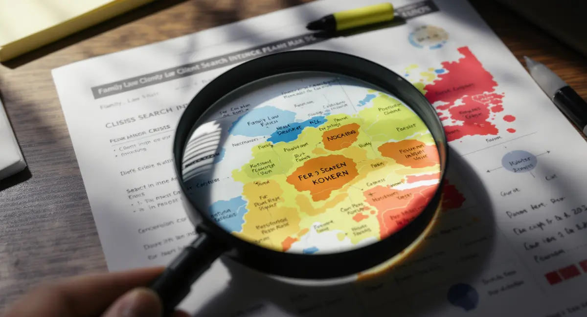 Magnifying glass over printed family law client search intent heat map showing crisis keywords and - Strategyc
