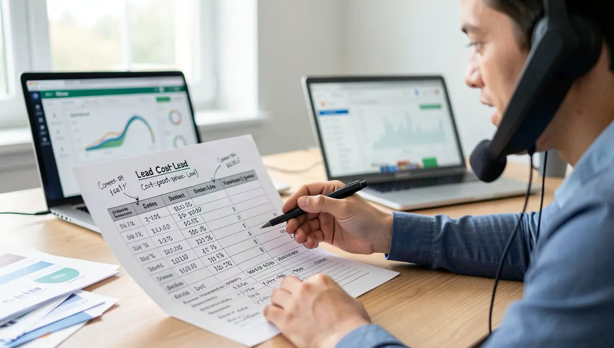 Digital marketer on phone call at desk, pointing at printed plumbing lead cost spreadsheet with - Strategyc