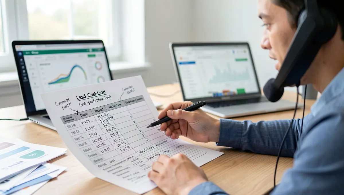 Digital marketer on phone call at desk, pointing at printed plumbing lead cost spreadsheet with - Strategyc