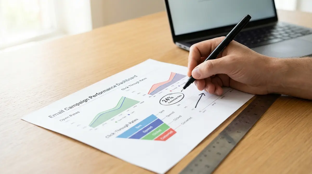 Hand annotating a printed email campaign performance dashboard with conversion funnel metrics and - Strategyc