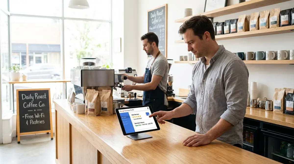 Google Business Profile dashboard displayed on a tablet at a small business storefront counter, with - Strategyc