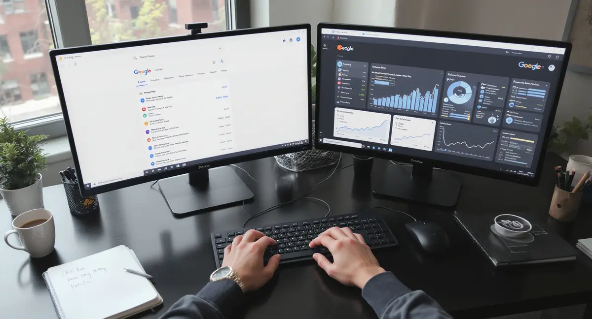 Hands typing on keyboard with Google search results and analytics dashboard visible on dual monitors - Strategyc