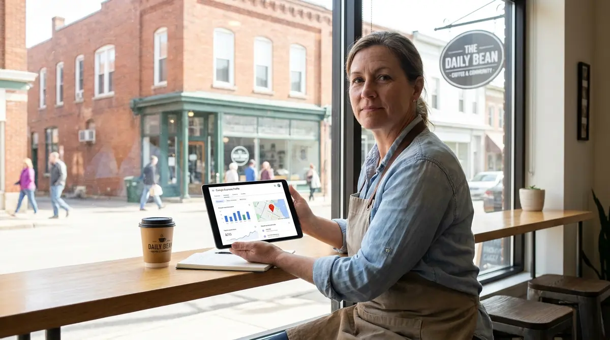 Small business owner reviewing Google Business Profile on tablet inside their storefront, with visible - Strategyc