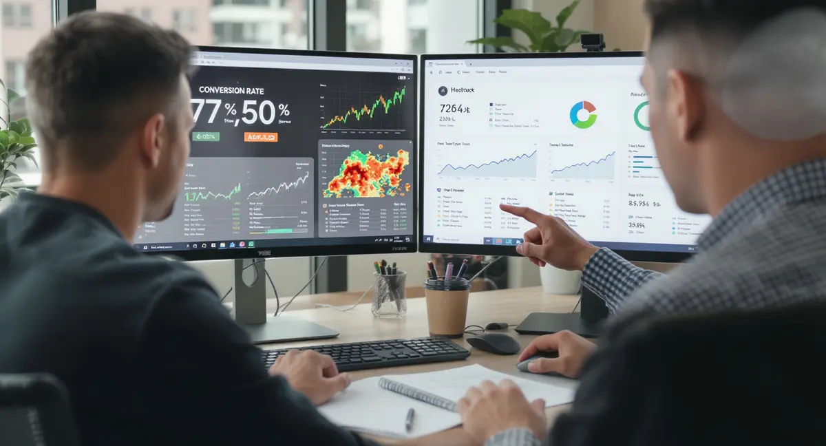 Digital marketer pointing at A/B test results on dual monitors showing conversion rate metrics and - Strategyc